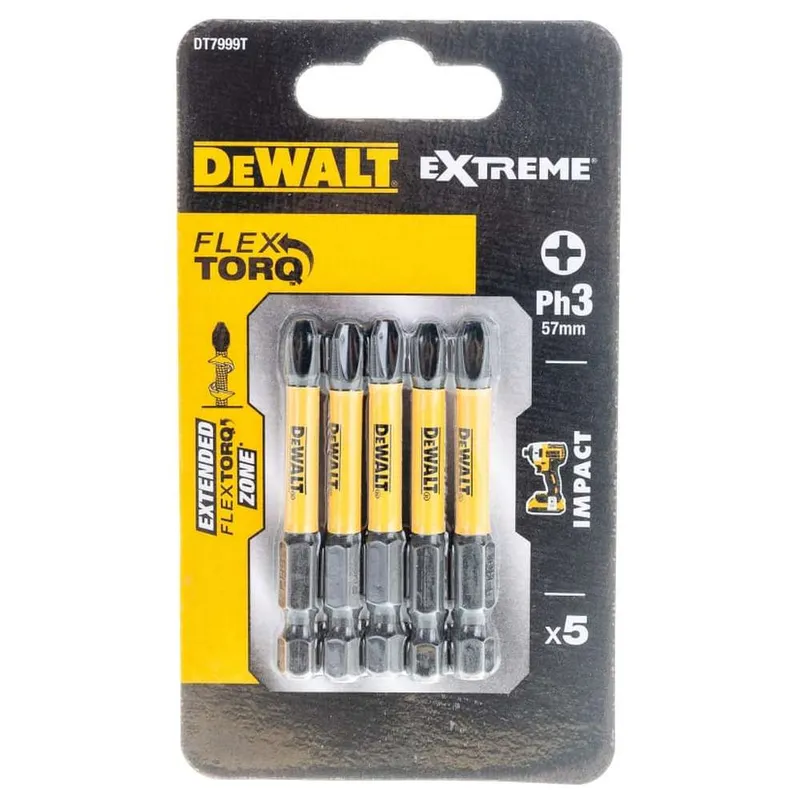 Биты ударные DEWALT "EXTREME" IMPACT TORSION PH3 57мм 5шт. DT7999T-QZ